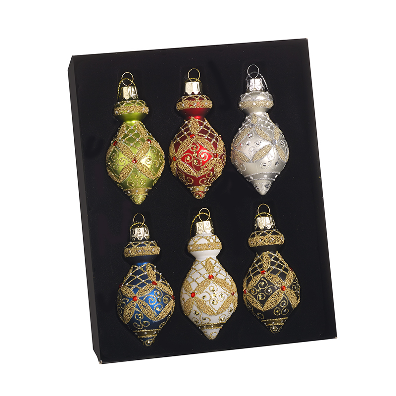 Colourful Glass Ornament Christmas Bauble Set by Heaven Sends<br><br> Transform your Christmas tree into a glittering showcase of luxury with this exquisite Colourful Glass Ornament Christmas Bauble Set by Heaven Sends. Featuring six beautifully coordinated teardrop-shaped baubles in rich jewel tones this boxed set brings opulent vintage glamour to any festive display.<br><br> Each hand-finished glass ornament is adorned with intricate gold glitter patterning delicate filigree details and subtle gem accents that catch the light and sparkle from every angle. The collection spans six stunning colours - emerald green ruby red sapphire blue pearl white silver and dramatic black - allowing you to create a bold cohesive tree scheme or mix and match with existing decorations for an eclectic collected-over-years look.<br><br> Presented in a sleek black gift box this bauble set makes a memorable Christmas present for hosts newlyweds or anyone building their first ornament collection. Hang them on your tree thread them into garlands or use them to dress wreaths and table centrepieces for an instant injection of festive luxury.